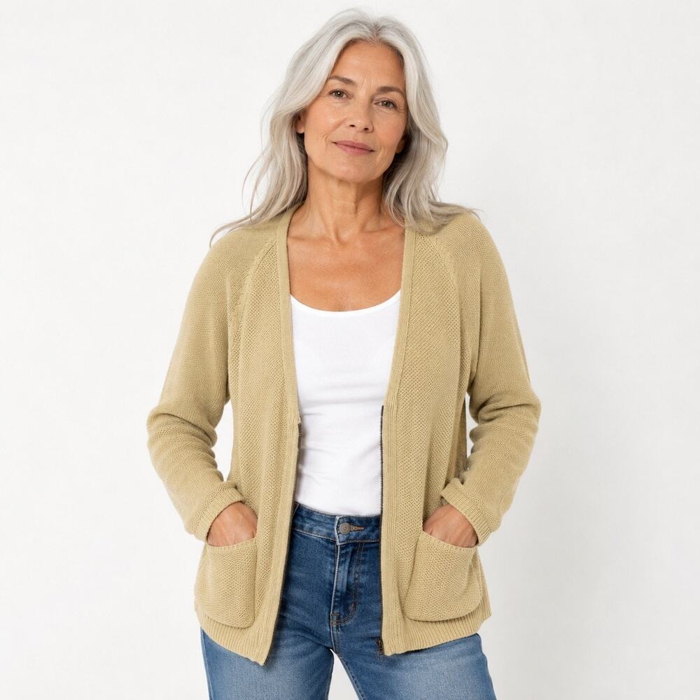 J.Jill Tan Beige Zip Front Cardigan Texture Knit Women’s Size M Quiet Luxury